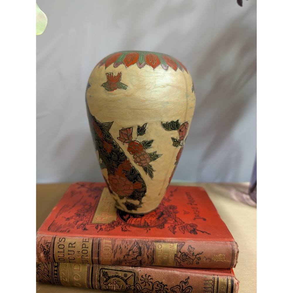 Vintage Brass Cloisonne Hand Painted Bird & Floral Design Home Decor Vase‎
